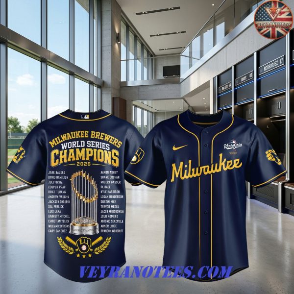 Milwaukee Brewers World Series Champions Trophy Navy 2026 Baseball Jersey
