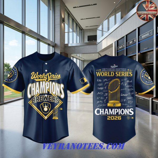 Milwaukee Brewers World Series Champions Trophy Navy Gold 2026 Baseball Jersey